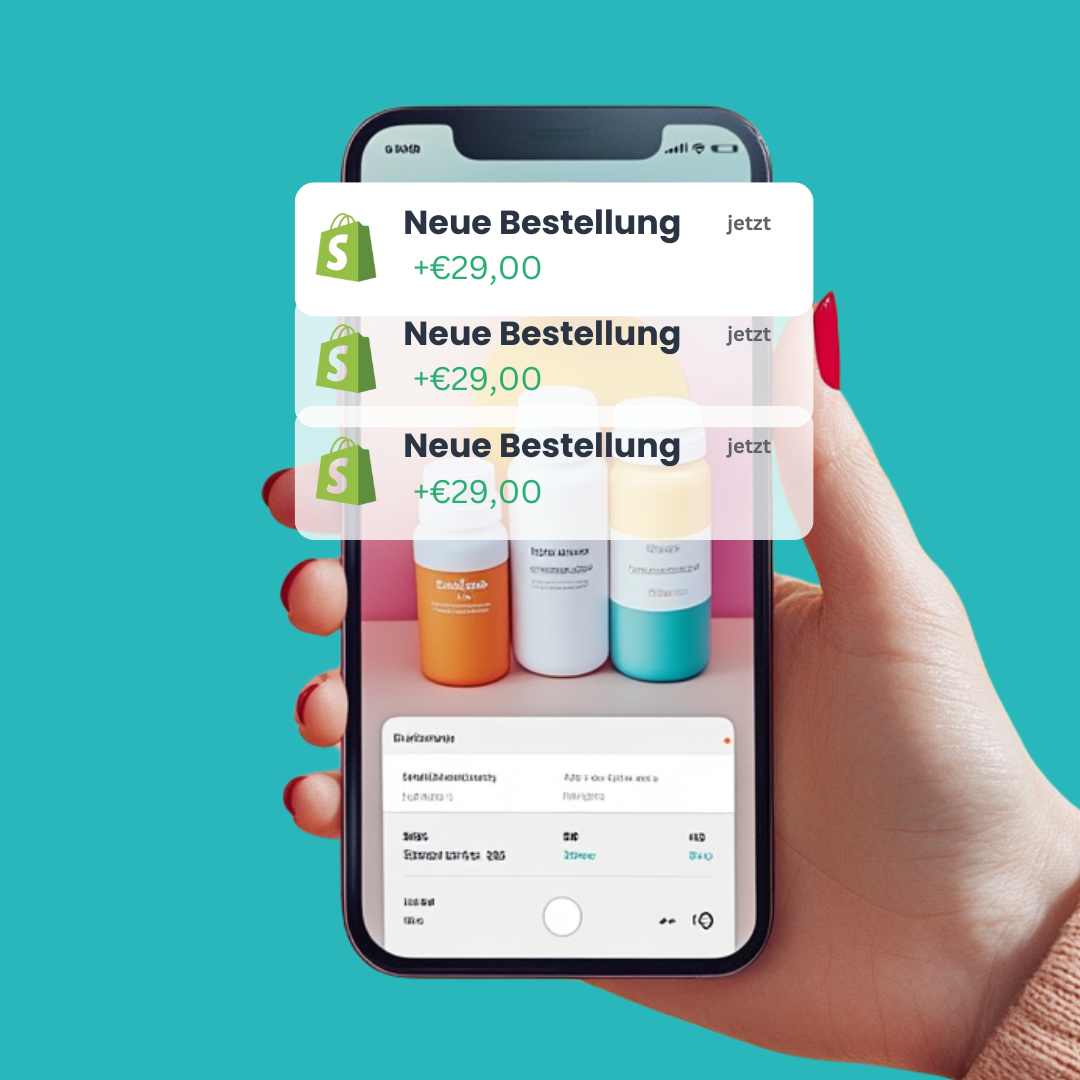Smartphone mit beispielhaften Shopify-Bestellmeldungen für einen Supplement-Shop