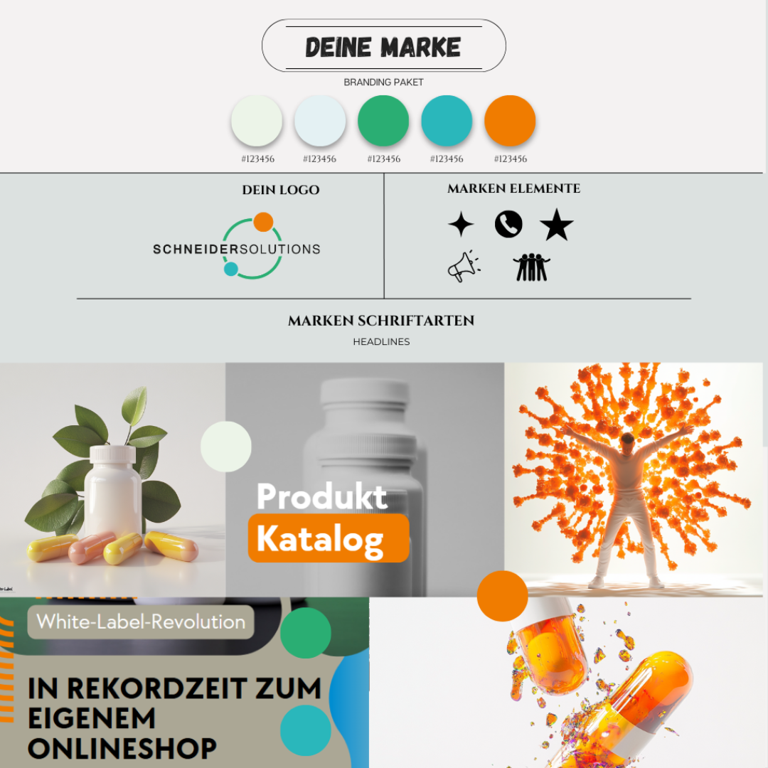 Beispiel eines Markenboards mit Logo, Farbpalette, Schriften und Produktgestaltung