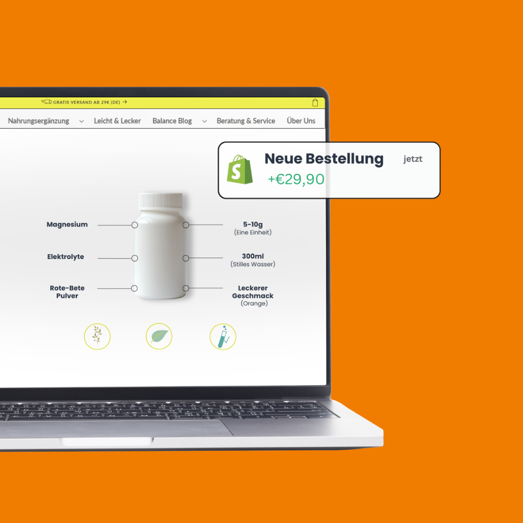 Beispiel eines Supplement-Onlineshops auf einem Laptop mit Bestellbenachrichtigung