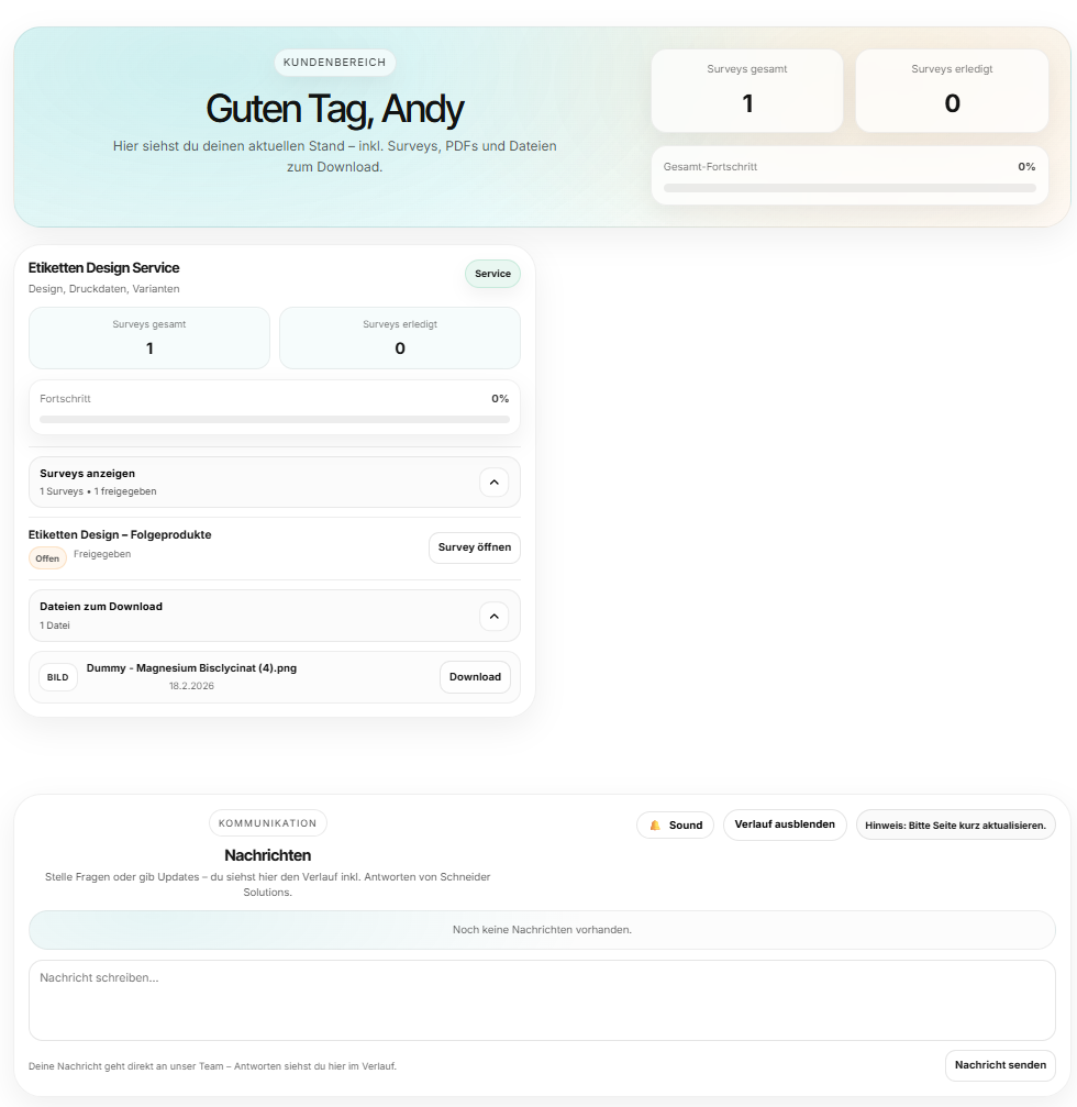 Kundenbereich Dashboard: Fortschritt, Surveys, Dateien