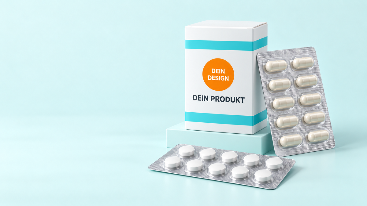 Blisterkarten mit Hartkapseln und Tabletten neben einer weißen Faltschachtel – Verpackungsvisualisierung.