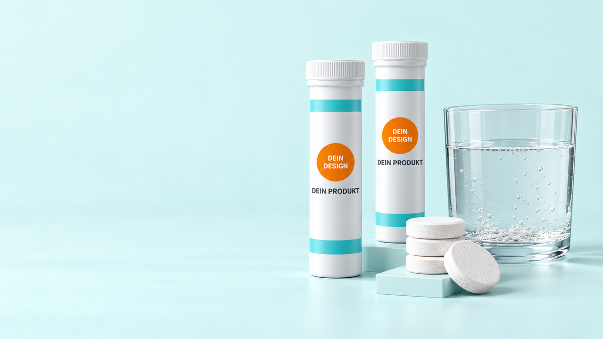 Tubes blancs pour comprimés effervescents, comprimés effervescents ronds et verre d’eau – visualisation d’emballages.