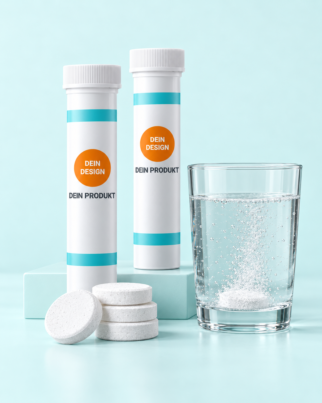 
Tubes blancs pour comprimés effervescents, comprimés effervescents ronds et verre d’eau – visualisation d’emballages.