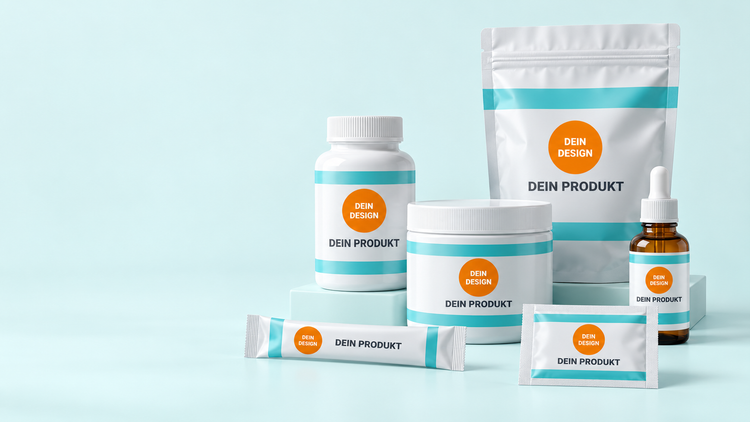 Private-Label-Verpackungen für Nahrungsergänzungsmittel: Kapseldose, Pulverdose, Standbodenbeutel, Pipettenflasche, Stickpack und Sachet