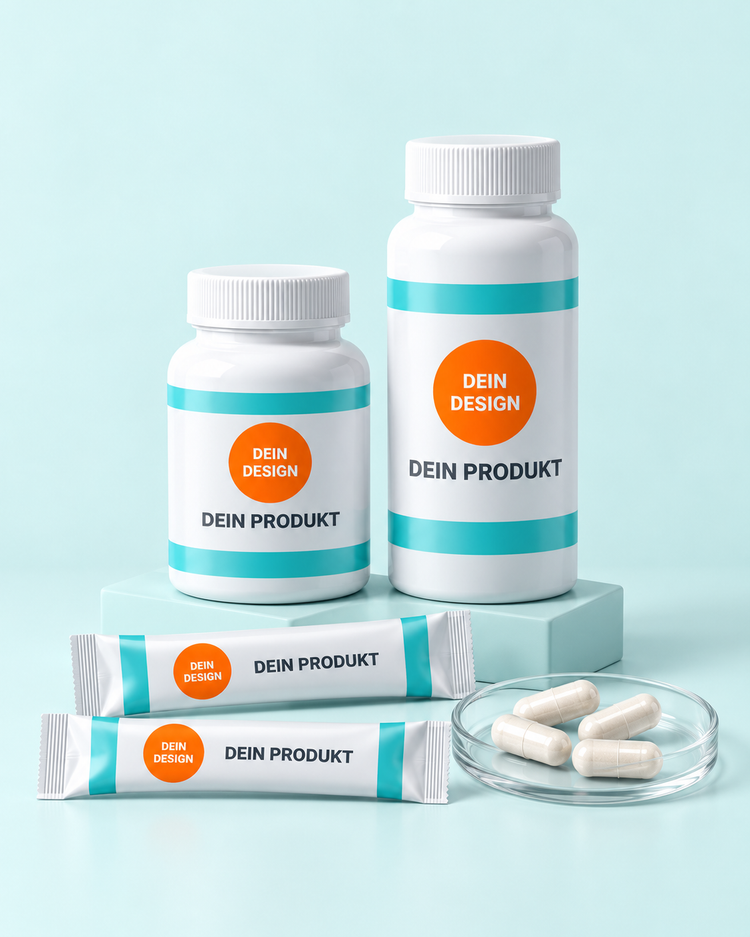 Weiße Supplementdosen und Stickpacks mit hellen Hartkapseln in einer Glasschale – Verpackungsvisualisierung für Probiotika.