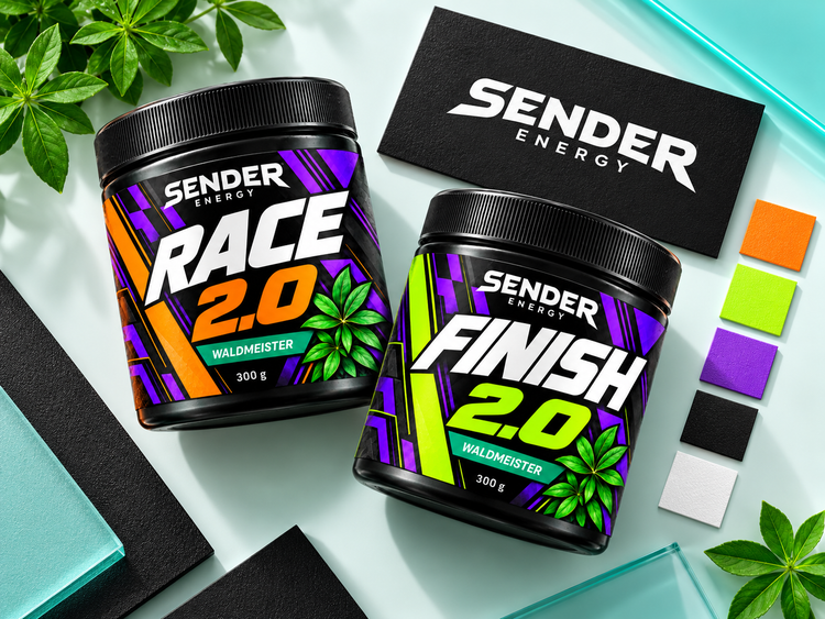 SENDER ENERGY Markenauftritt mit den Produkten RACE & FINISH.