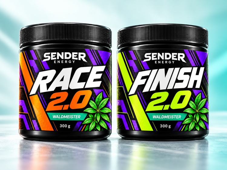 Etikettendesign für die SENDER ENERGY Produkte RACE & FINISH.