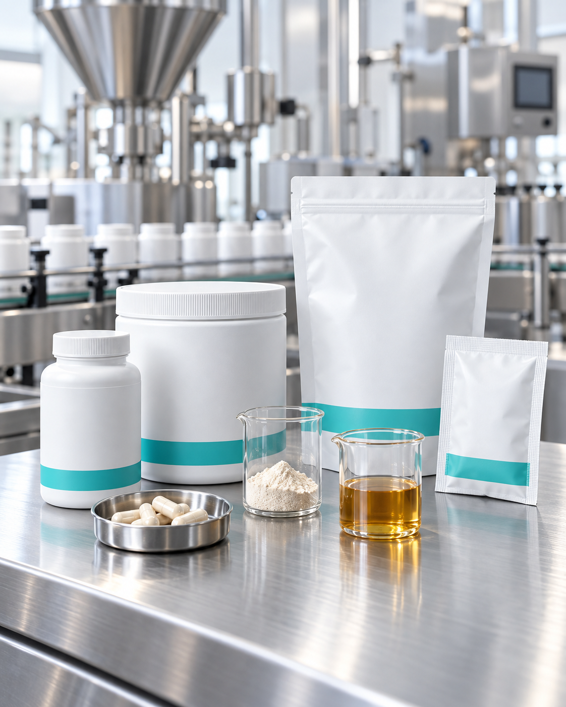 Produktionsvisualisierung mit Kapseln, Pulver, Liquid sowie Dosen, Standbodenbeutel und Sachet für Nahrungsergänzungsmittel.