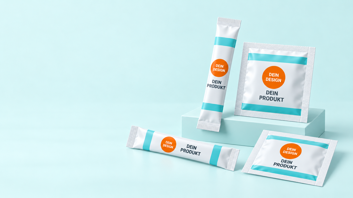 Schmale Stickpacks und breite, flache Sachets mit türkis-orangen Musteretiketten auf mintfarbenen Podesten – Verpackungsvisualisierung.