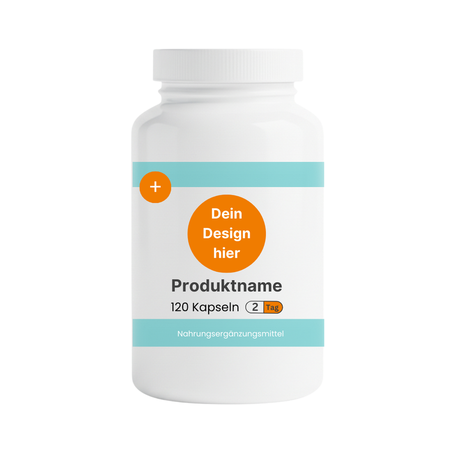 Neutrale White-Label Nahrungsergänzungsmittel Dose vor dem individuellen Branding und Etikettendesign.